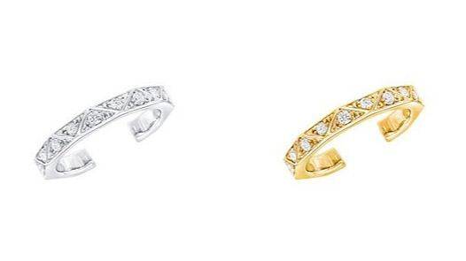 Brincos de pressão com pavé de diamantes, assinatura de Laurence Graff, em ouro branco e ouro amarelo. Graff dividiu a borda externa da aliança em seções triangulares e cravejou diamantes em cada uma delas. Foto: Graff.