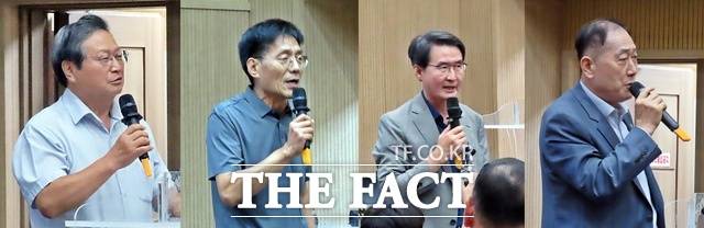 (왼쪽부터) 질의에 나선 이일주 공주문화원장, 박달원 전 공주대 총장 직무대행, 이병기 공주대 총동창회 수석부회장, 장원석 장애인협회장. /김형중 기자