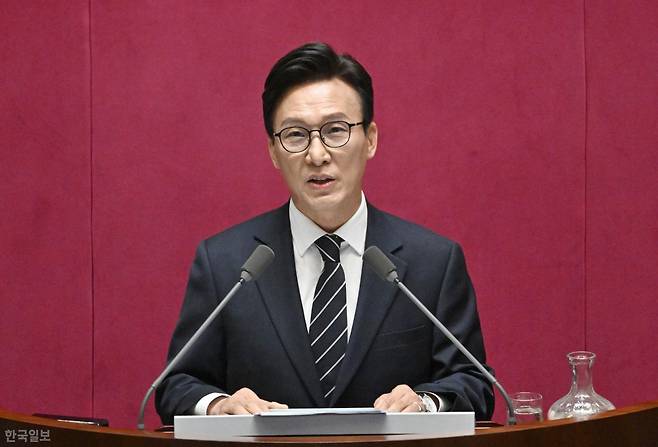 김민석 더불어민주당 대표가 7일 국회 본회의장에서 열린 제439회 국회(정기회) 제03차 본회의에서 국정에 관한 교섭단체 대표연설을 하고 있다. 서재훈 기자