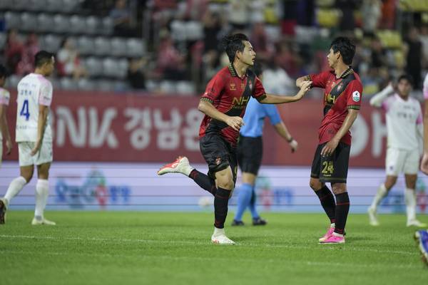 경남FC 김현오가 지난달 29일 창원축구센터에서 열린 파주프런티어FC와의 경기에서 결승골을 넣었다. /경남FC