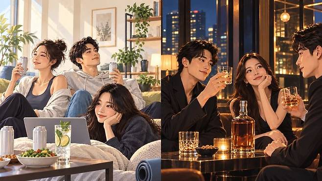 [서울=뉴시스] 과도한 음주 대신 위스키와 전통주 등 한 잔을 마셔도 좋은 술을 찾는 소비 문화를 보여주는 생성형 AI로 만든 이미지. *재판매 및 DB 금지