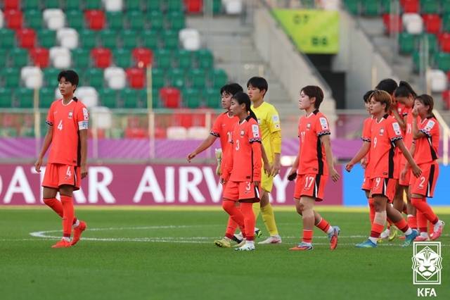 고개를 숙인 한국 여자 U-20 대표팀. /사진=대한축구협회 제공