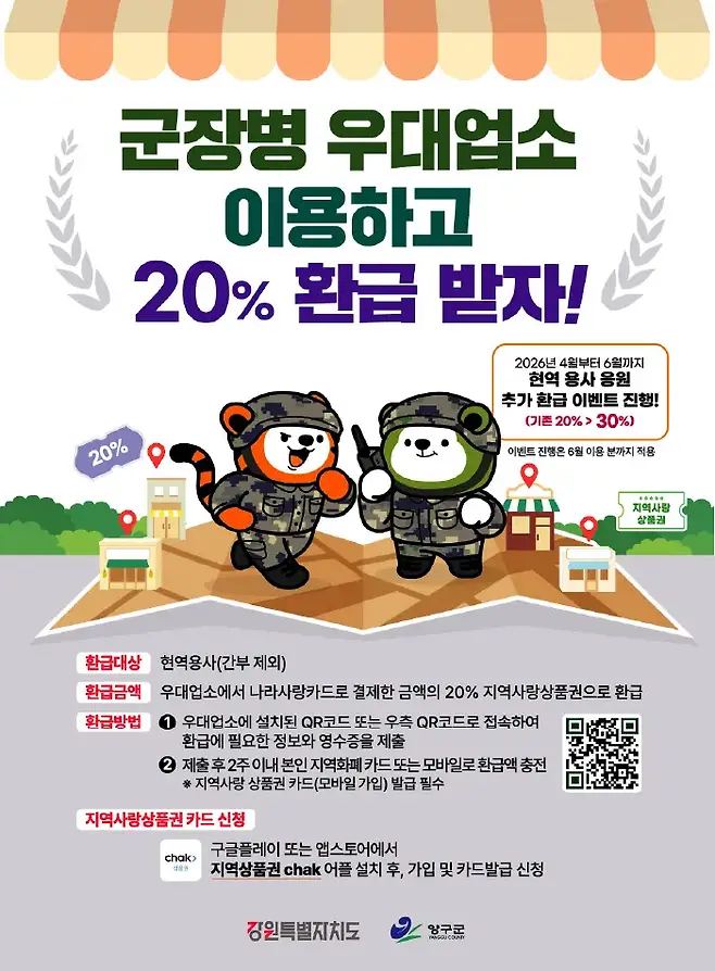 강원특별자치도와 양구군이 2026년 4~6월 배포한 ‘군장병 우대업소’ 환급 이벤트 홍보 포스터. 위수지역 폐지 이후 병사들의 소비가 지역 밖으로 빠져나가자 지자체가 내놓은 대응책이다. 사진=양구군청 홈페이지