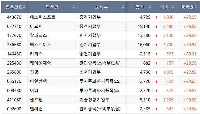 11일 코스닥 상한가 종목.(출처=한국거래소)
