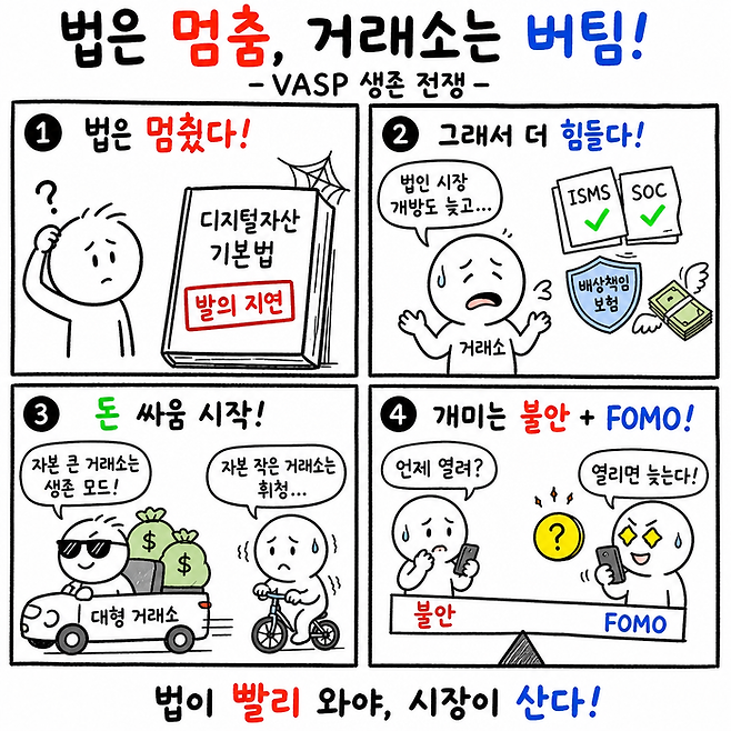 오늘의 4컷 만화-‘법은 멈춤, 거래소는 버팀!’ < 생성 : 챗GPT >
