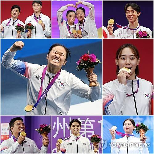 금메달 목에 건 자랑스러운 얼굴들      (항저우=연합뉴스) 1년 미뤄져 지난달 23일 개막한 2022 항저우 아시안게임이 16일간의 열전을 마무리하고 8일 오후 막을 내린다. 
    사진은 펜싱 남자 사브르 개인전에서 금메달을 차지한 오상욱과 은메달을 차지한 구본길(위 왼쪽부터), 탁구 여자 복식 신유빈-전지희, 태권도 겨루기 남자 58㎏급 장준, 배드민턴 여자 단식 안세영, 펜싱 여자 사브르 개인 윤지수, 주짓수 남자 77kg급 구본철, 남자 자유형 400m 김우민, 양궁 리커브 여자 개인 임시현이 금메달을 목에 건 모습. 2023.10.8 [연합뉴스 자료사진]
    photo@yna.co.kr
