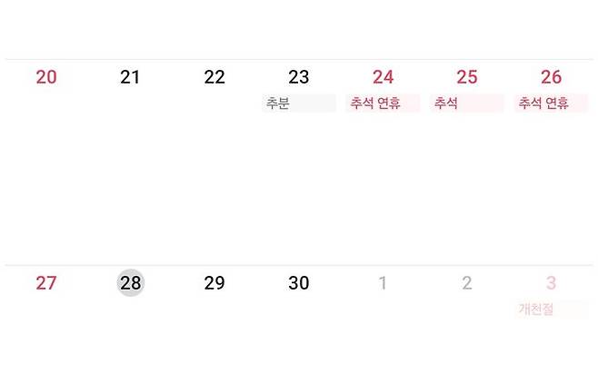 [서울=뉴시스]올해 추석 연휴는 9월 24일부터 26일까지 사흘이다. 여기에 일요일인 27일을 더해도 주 5일제 근로자 기준 실제 쉬는 날은 나흘에 그친다. 최장 열흘까지 휴일이 이어졌던 지난해 연휴와 비교하면 확연히 짧은 기간이다. *재판매 및 DB 금지