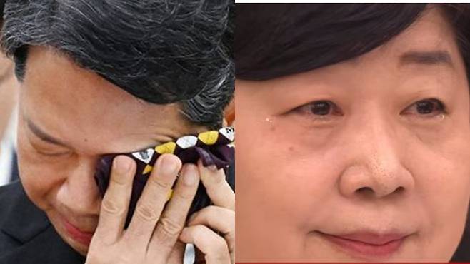 김승원 법무부 장관 후보자가 15일 오전 서울 여의도 국회에서 열린 국회 법제사법위원회 국무위원 후보자(법무부 장관 후보자 김승원) 인사청문회에서 눈물을 닦고 있다. 이를 듣던 서영교 법사위원장도 눈물을 보였다.ⓒ데일리안 홍금표 기자, 펜앤마이크TV 유튜브 갈무리