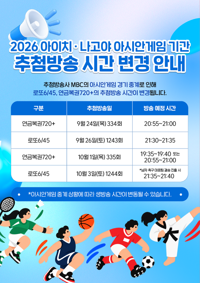 ** 긴급 속보! 🏆아시안게임🏆 로또·연금복권 추첨시간 변경, 당첨의 순간 놓치지 마세요!
**
