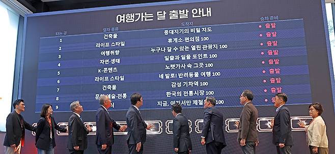 최휘영 문화체육관광부 장관이 15일 서울 성동구 KT&G 상상플래닛에서 열린 '여행가는 달' 캠페인 선포식에서 캠페인 개시 세리머니를 하고 있다.(사진=문체부 제공)