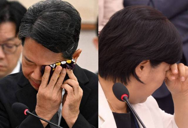 김승원 법무부 장관 후보자가 15일 서울 여의도 국회 법제사법위원회에서 열린 인사청문회에서 눈물을 닦고 있다. 유튜브 펜앤마이크TV 영상 캡처