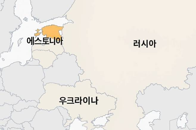 에스토니아(주황색)와 러시아, 우크라이나의 위치를 보여주는 지도. 러시아와 동부 국경을 맞댄 에스토니아는 하이마스와 천무를 통해 장거리 타격 전력을 강화하고 있다. 그래픽=서울신문 뉴미디어랩 제작·AI 이미지