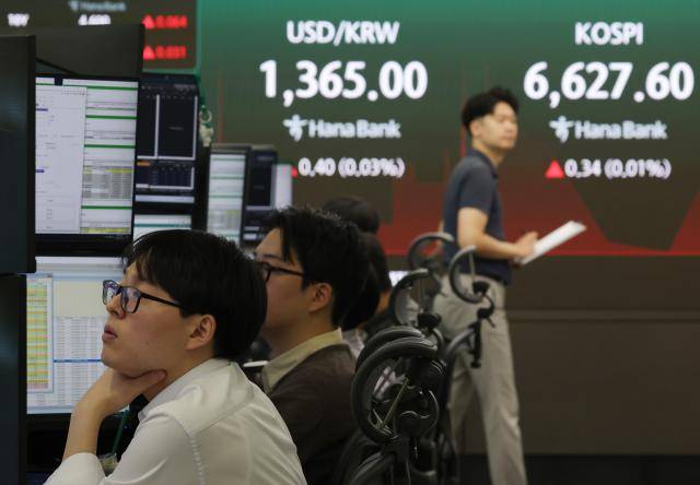 16일 오전 중구 하나은행 본점 딜링룸 전광판에 실시간 원·달러 환율과 코스피가 표시돼 있다. [사진=연합뉴스]
