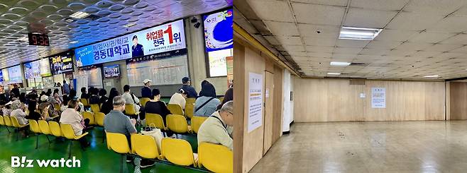 터미널 1층은 휴가를 나온 군인들과 여행객으로 붐볐다. 반면 2층은 상가가 비어 휑한 상태였다. /사진=김진수 기자