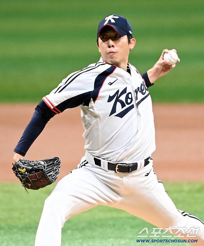 17일 고척스카이돔에서 열린 2026 아이치 나고야 아시안게임 야구대표팀과 상무의 연습경기. 대표팀 선발투수 오원석이 역투하고 있다. 고척=허상욱 기자wook@sportschosun.com/2026.09.17/