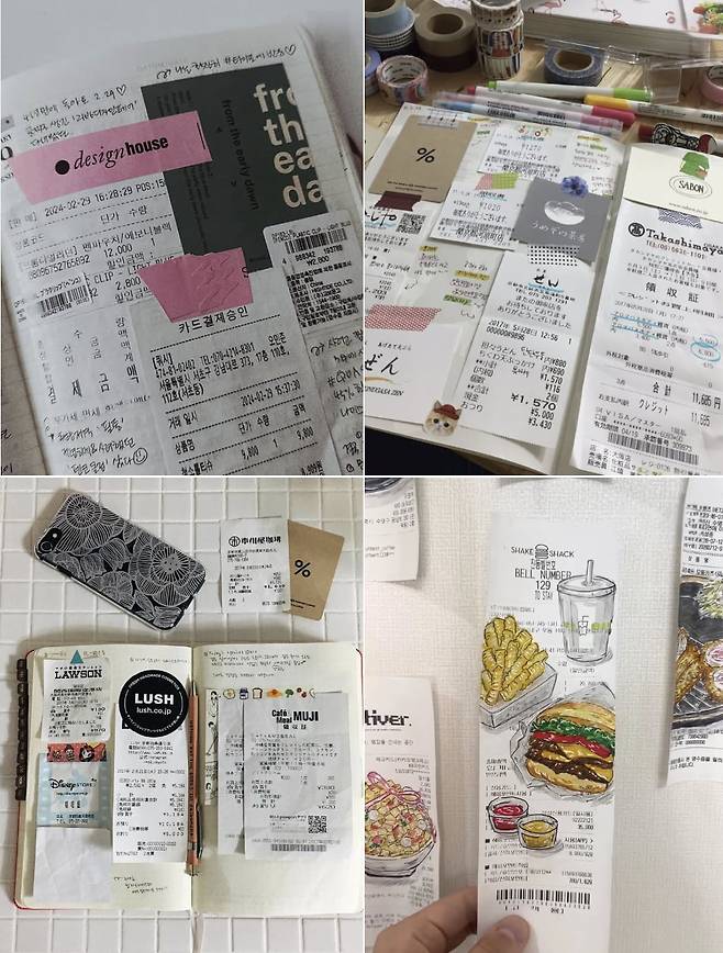 소셜미디어에 올라온 영수증 저널링 사진들. /인스타그램