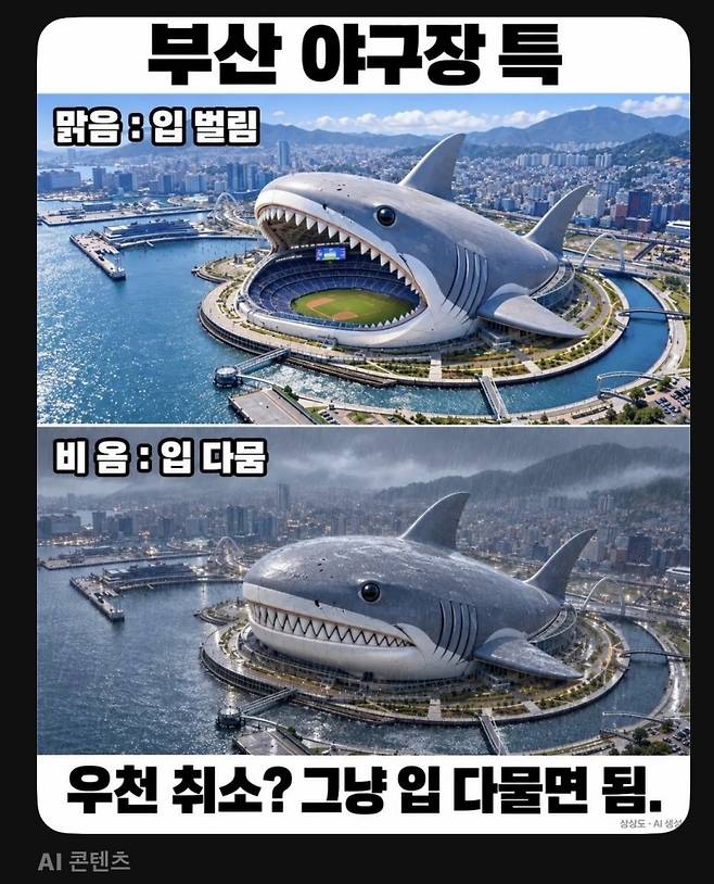 SNS에서 확산하고 있는 상어 돔구장 AI 이미지 [스레드 갈무리. 재판매 및 DB 금지]