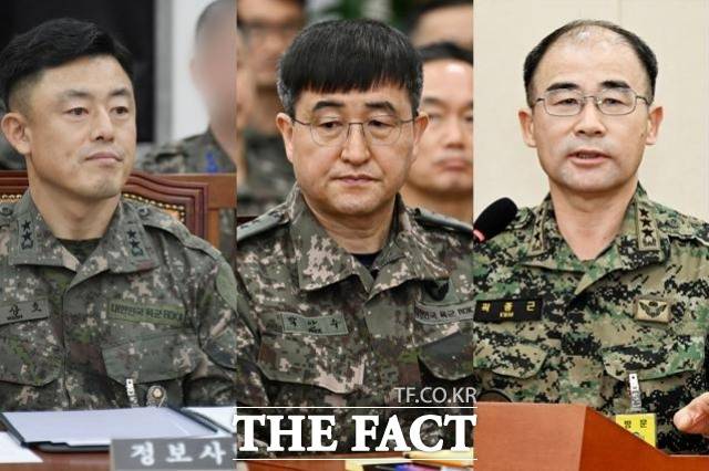 문상호 전 정보사령관은 징역 12년(맨 왼쪽), 박안수 전 육군참모총장(중간)은 징역 10년, 곽종근 전 특전사령관(맨 오른쪽)은 징역 9년을 선고받았다. /더팩트 DB