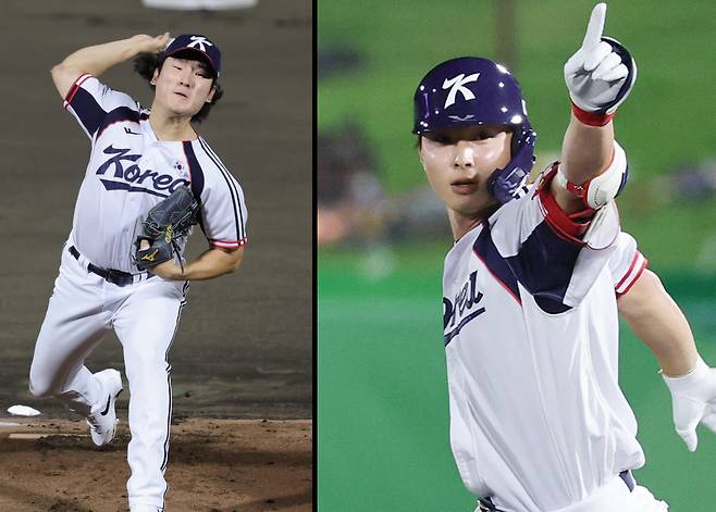 잘 막고 잘 때리고…짜릿한 승리 한국 곽빈이 21일 일본 아이치현 오카자키 중앙종합공원야구장에서 열린 2026 아이치·나고야 아시안게임 야구 B조 조별리그 1차전에서 대만 타자를 상대로 역투하고 있다. 오른쪽은 8회말 2사 솔로홈런을 친 윤동희. 연합뉴스