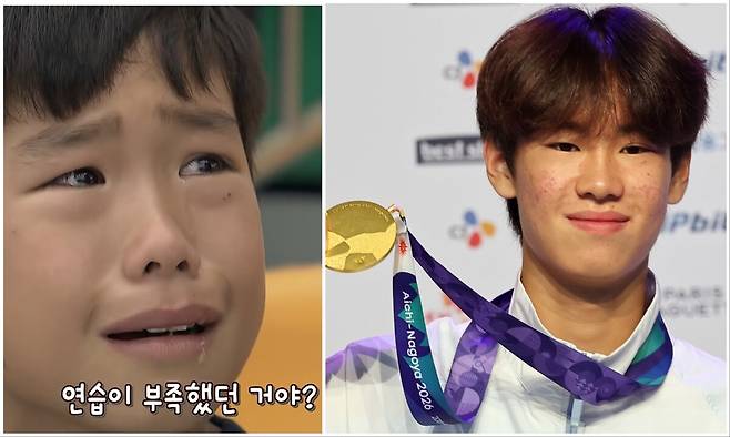 2019년 10월 에스비에스(SBS) ‘영재발굴단’에 스케이트보드 신동으로 출연한 강준이. 오른쪽은 2026 아이치·나고야 아시안게임에서 금메달을 딴 뒤의 모습. 유튜브 채널 에스비에스 공식 교양 채널 달리 갈무리, 연합뉴스