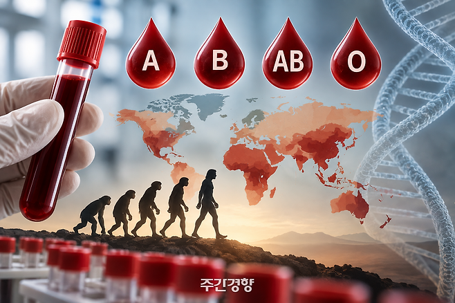사람의 A·B·AB·O형 혈액형과 인류의 진화, 지역별 혈액형 분포를 표현한 삽화. 유전자 비교 연구에 따르면 A형과 B형에 관련된 유전적 변이는 최소 2000만 년 전 영장류의 공통조상까지 거슬러 올라간다. ※ 기사 내용을 바탕으로 생성형 AI로 만든 이미지.