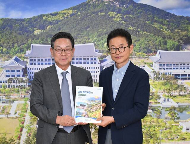 경북도청을 방문한 전화식(왼쪽) 성주군수가 이철우 도지사와 함께 기념촬영을 하고 있다. 성주군 제공