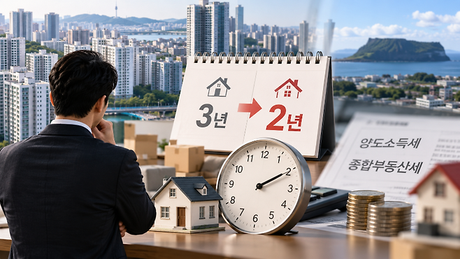 주택 모형과 시계를 활용해 일시적 2주택자의 종전주택 처분기한 단축을 표현한 이미지. (AI 생성)