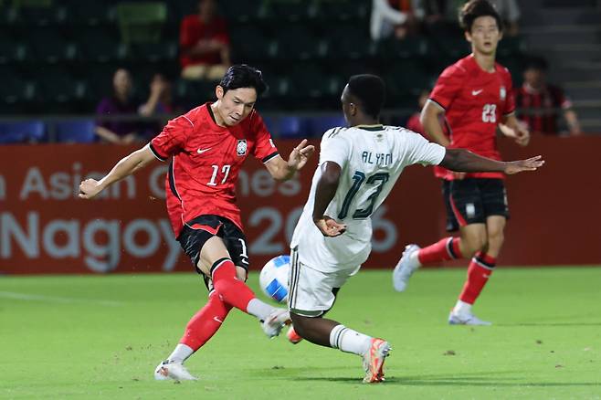 지난 9월 22일 일본 나고야에서 열린 2026 아이치·나고야 아시안게임 남자 축구 조별리그 2차전 한국과 사우디아라비아의 경기에서의 양민혁. 사진제공=연합뉴스&nbsp;