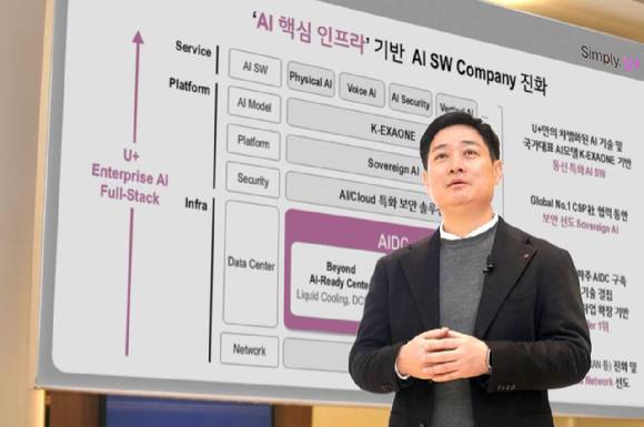 홍범식 LG유플러스 대표가 스페인 바르셀로나에서 열린 LG유플러스 MWC 2026 CEO 간담회에서 글로벌 AI 소프트웨어 컴퍼니로의 확장에 대한 구상 등을 발표하고 있는 모습. [사진=LGU+]