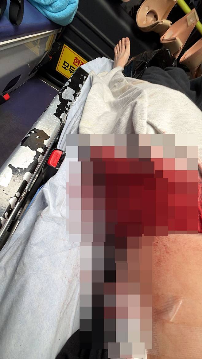 A양이 지난달 27일 범행을 당한 직후 구급차에 실려 병원으로 이송되는 모습. 사진 A씨 측 제공
