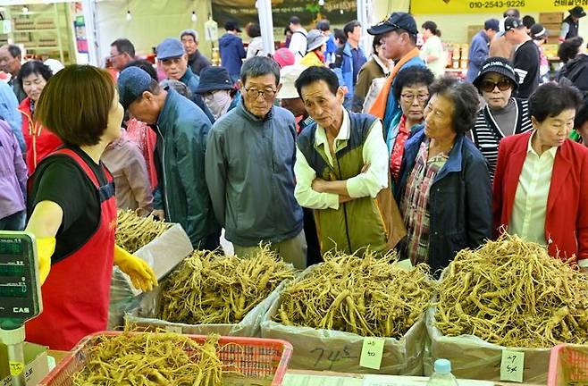 [영주=뉴시스] 김진호 기자 = 3일 경북 영주시 풍기읍 남원천 일원에서 개막한 '영주풍기인삼축제'에서 풍기인삼을 구매하려는 인파로 북적이고 있다. (사진=영주시 제공) 2026.10.04. photo@newsis.com   *재판매 및 DB 금지