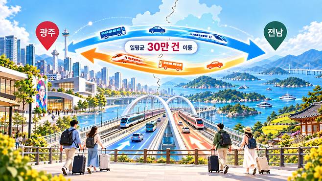 광주·전남은 행정통합 이전부터 관광객들의 쌍방 교류가 이뤄지며 하나의 관광권으로 인식되고 있었음을 의미하는 일러스트. /AI생성이미지 제공