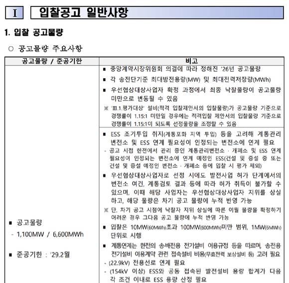 제3차 ESS 중앙계약시장 입찰공고 일반사항. [사진=한국전력거래]
