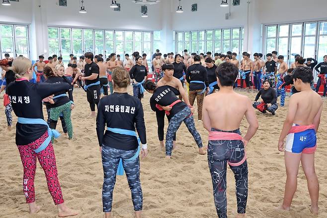 괴산씨름전용훈련장에서 훈련하는 선수들 [괴산군 제공. 재판매 및 DB 금지]