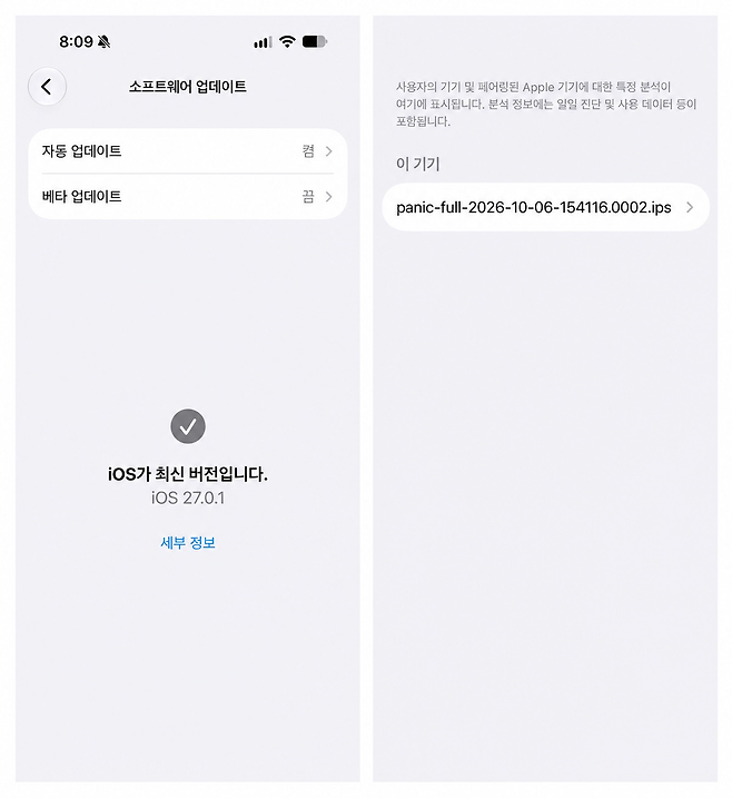 A씨가 헤럴드경제에 제보한 이미지. 새 소프트웨어 iOS 27.0.1를 설치했음에도 패닉풀 현상이 이어지고 있다.  [독자 제공]