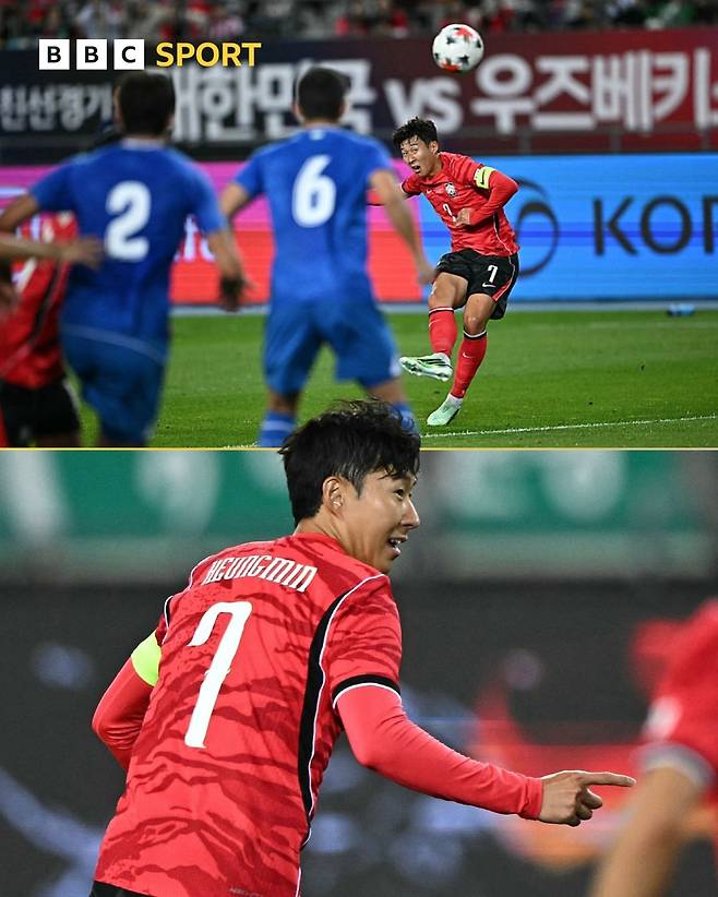 6일 용인미르스타디움에서 열린 한국-우즈베키스탄의 A매치 평가전에서 프리킥으로 득점한 손흥민. BBC SPORT