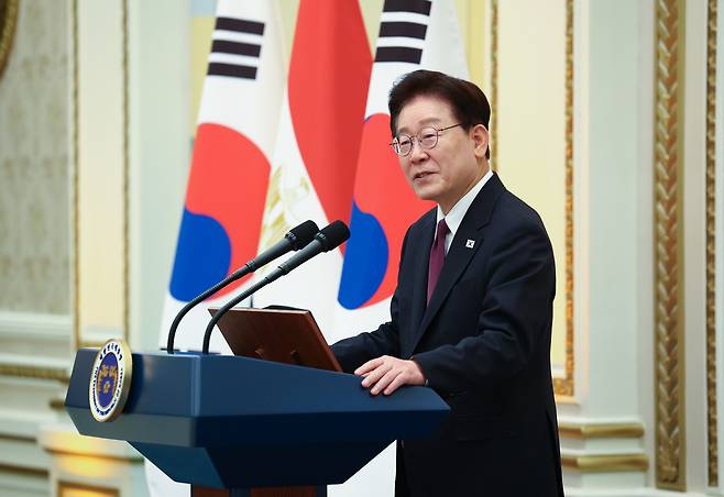 이재명 대통령이 지난 8일 청와대 영빈관에서 압둘팟타흐 시시 이집트 대통령 국빈 방한 기념 오찬에서 발언하고 있다. 이준헌 기자