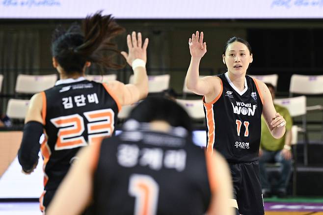 우리은행의 강이슬(오른쪽) [WKBL 제공. 재판매 및 DB 금지]