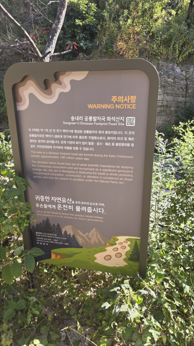 ▲ 의성군 점곡면 송내리 공룡발자국 화석산지에 약 1억 년 전 전기 백악기에 형성된 화석의 학술적 가치와 훼손 금지 사항을 알리는 안내판이 설치돼 있다. 점곡면 주민자치회 제공.