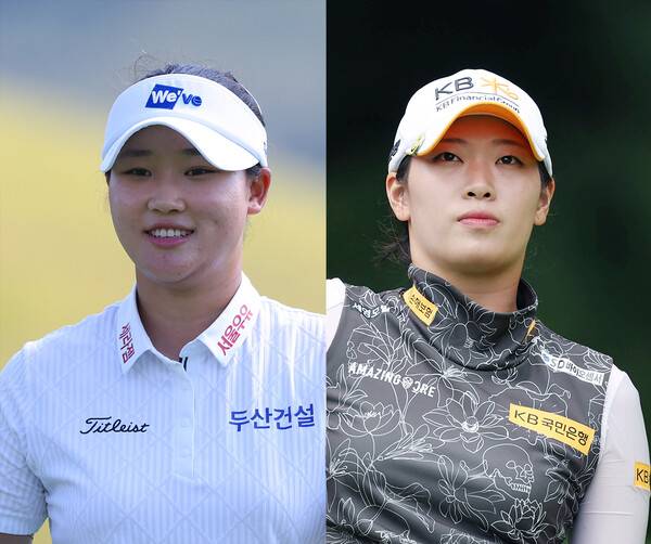 2026년 한국여자프로골프(KLPGA) 투어 '변형 스테이블포드 방식'의 HJ중공업·동부건설 챔피언십 우승에 도전하는 김민솔, 방신실 프로. 사진제공=KLPGA (사진을 무단으로 사용하지 마십시오.)