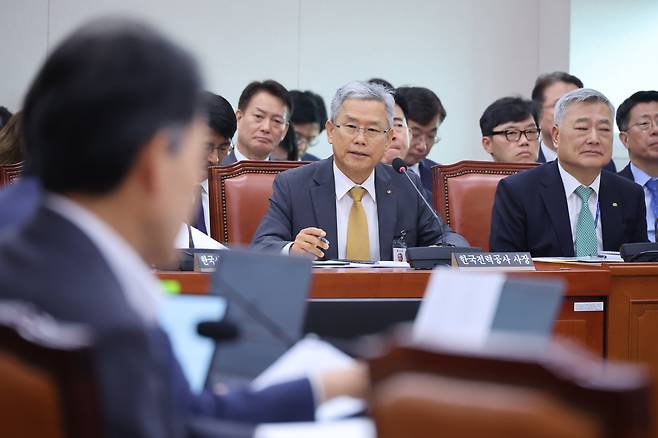 김동철 한국전력공사 사장이 12일 서울 여의도 국회에서 열린 산업통상자원중소벤처기업위원회의 대한무역투자진흥공사 등에 대한 국정감사에서 의원 질의에 답변하고 있다. /뉴스1