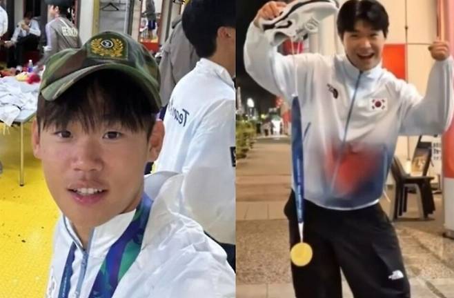 2026 아이치·나고야 아시안게임 남자 축구 금메달리스트 박승수(뉴캐슬)가 자신의 SNS에 전역모를 쓴 사진을 올린 모습(왼쪽)과 최우진(전북 현대)이 다리를 절뚝거리며 걷다가 벗어 든 운동화에서 금메달을 꺼내는 장면을 연출한 모습(오른쪽). 두 선수의 게시물은 병역특례를 둘러싼 논란을 불러일으켰다. 박승수·최우진 SNS 갈무리