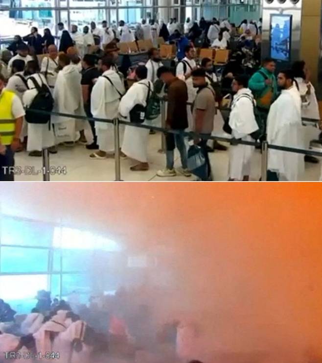 순식간에… 공항 내부 연기로 자욱 예멘 반군 후티가 사우디아라비아 수도 리야드 킹칼리드 국제공항을 공격해 320여명의 사상자가 발생한 10일(현지시간) 당시 공항 내부 폐쇄회로(CC)TV 영상이 공개됐다. 항공기 탑승을 기다리던 많은 승객들(위 사진)은 공격 직후 실내가 연기로 가득 차면서 혼란에 빠졌다. 사우디아라비아 미디어부 제공, 로이터연합뉴스