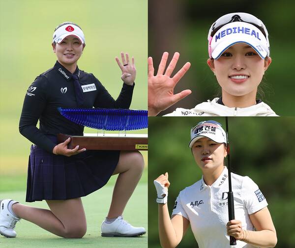 2026년 한국여자프로골프(KLPGA) 투어 '변형 스테이블포드 방식'의 HJ중공업·동부건설 챔피언십 우승을 차지한 유현조 프로. 공동 2위를 기록한 안지현, 김민선7 프로. 사진제공=KLPGA (사진을 무단으로 사용하지 마십시오.)