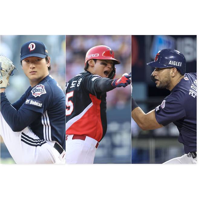 한국야구위원회(KBO)가 2026시즌 최우수선수(MVP)와 신인왕 그리고 감독상 후보를 확정 발표했다. 왼쪽부터 MVP 후보 곽빈, 김도영, 레이예스. 사진=구단 제공