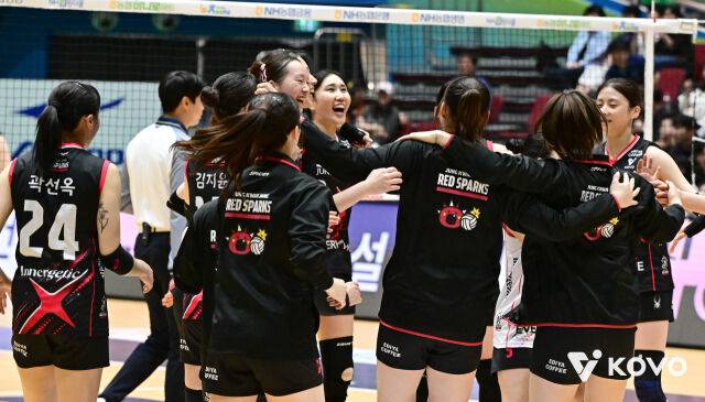 정관장 선수들이 13일 열린 2026 프로배구 컵대회 여자부 A조 조별리그 2차전 SOOP과 경기에서 승리를 확정한 뒤 기뻐하고 있다./한국배구연맹(KOVO) 제공