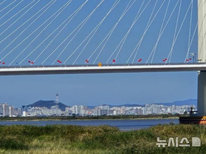 [베이징=뉴시스] 14일 중국 랴오닝성 단둥에서 바라본 신압록강대교 중국 측 다리의 모습. 다리 난간에 중국 오성홍기가 연이어 장식돼있다.(사진=독자 제공) *DB 및 재판매 금지 2026.10.14 photo@newsis.com