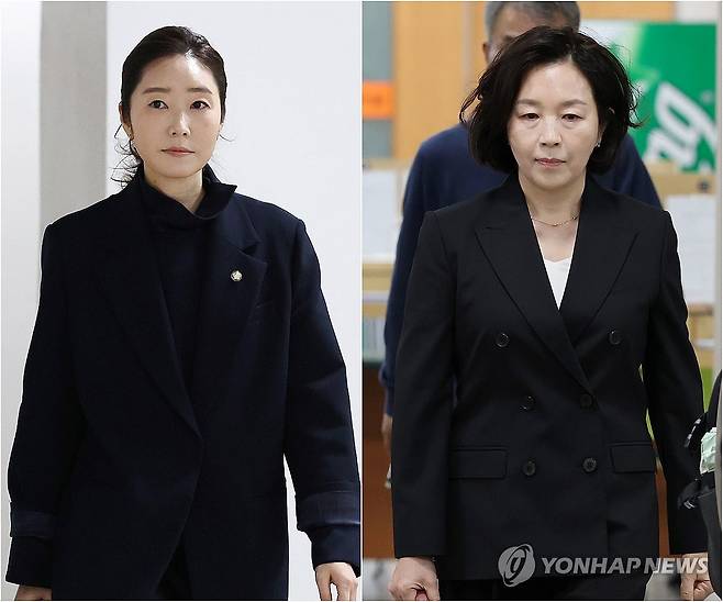 법정으로 향하는 강선우 의원과 김경 전 서울시의원 (서울=연합뉴스) 김주형 기자 = 공천헌금 명목으로 1억원을 주고받은 혐의를 받는 무소속 강선우 의원(사진 왼쪽)과 김경 전 서울시의원(사진 오른쪽)이 14일 오후 서초구 서울중앙지방법원에서 열린 1심 선고 공판에 각각 출석하고 있다. 2026.10.14 kjhpress@yna.co.kr