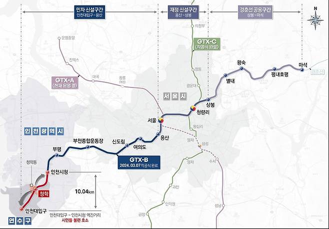 수도권광역급행철도(GTX) B 노선의 위치도. 시 제공