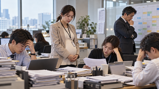 직장 동료의 임신 소식에 업무 부담을 느끼는 직원들의 모습. 생성형 AI ‘챗GPT’로 만든 이미지